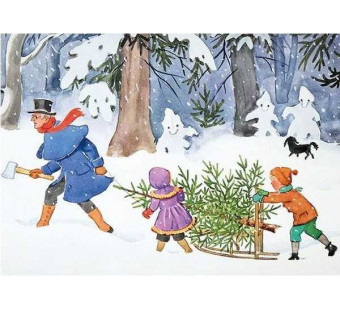 Postkaart kerstboom op de slee   (Elsa Beskow)