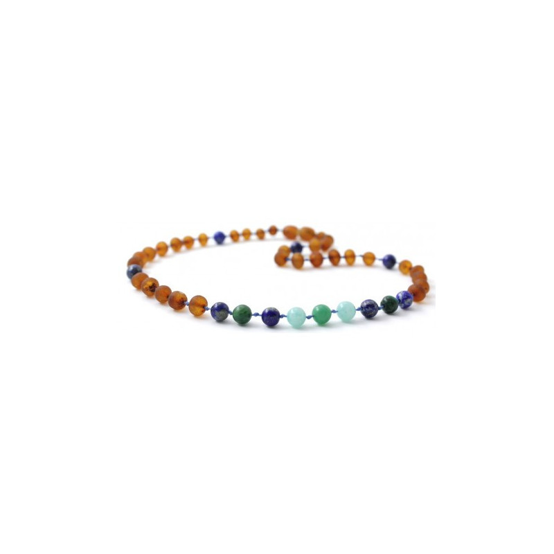 Ruwe barnsteen ketting met Amazontte, Afrikaanse Jade en Lapis Lazuli