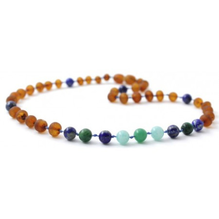 Ruwe barnsteen ketting met Amazontte, Afrikaanse Jade en Lapis Lazuli