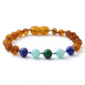 Unpolished Cognac Amber bracelet with Amazonite, African Jade and Lapis Lazuli