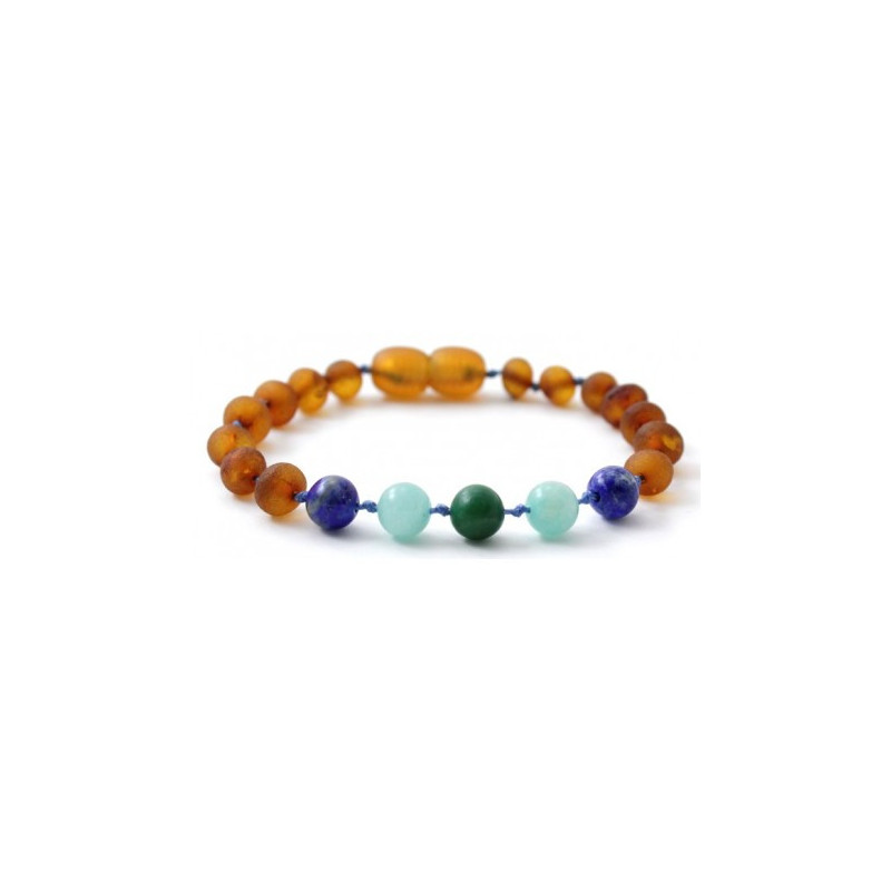 Unpolished Cognac Amber bracelet with Amazonite, African Jade and Lapis Lazuli