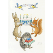 Postal card Rabbit and Squirrell holding birthday card (Molly Brett)