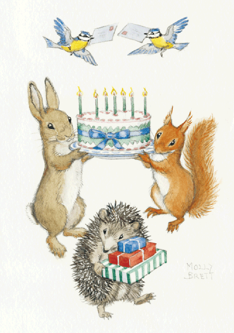 Postal card Rabbit and Squirrell holding birthday card (Molly Brett)