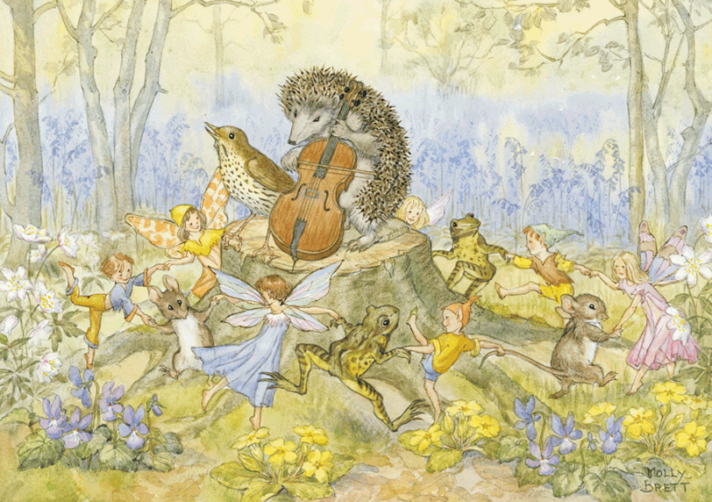 Postkaart Dancing Time hedgehog cellist on tree stump with frogs  (Molly Brett)