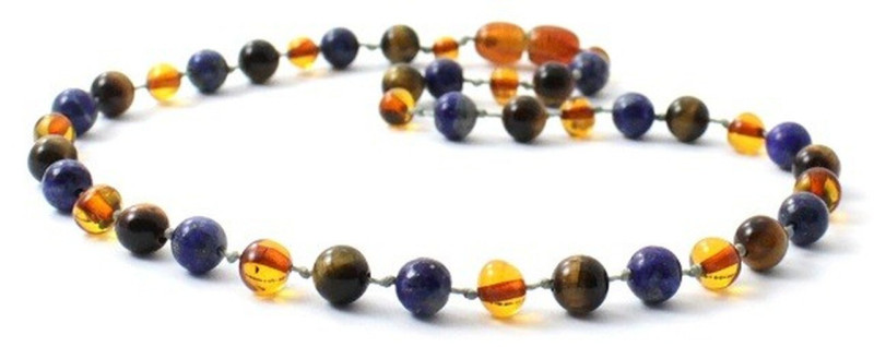 Cognac Amber Necklace Mixed With Tiger Eye and Lapis Lazuli