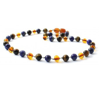 Cognac Amber Necklace Mixed With Tiger Eye and Lapis Lazuli