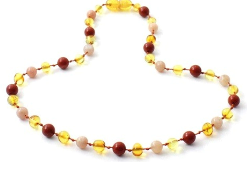 Barnsteen ketting honing kleurig met zonnesteen en Rode Jasper