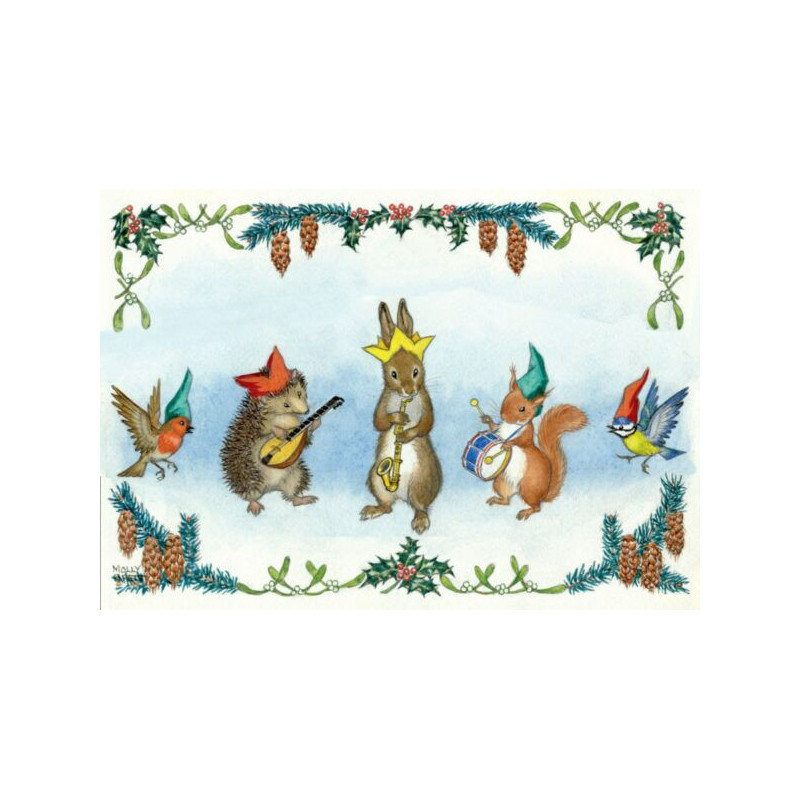 Postcard Dancing Time hedgehog cellist on tree stump with frogs  (Molly Brett)