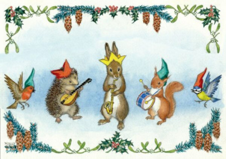Postcard Dancing Time hedgehog cellist on tree stump with frogs  (Molly Brett)