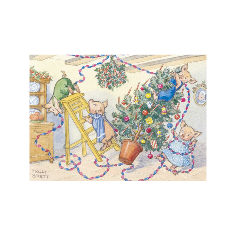 Postcard A family of mice playing around the christmas tree  (Molly Brett)