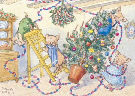 Postkaart A family of mice playing around the christmas tree (Molly Brett) 182