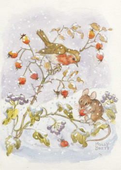 Postcard A family of mice playing around the christmas tree  (Molly Brett)