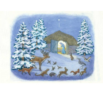 Postkaart Animals In The Snow Looking At Mary And Jesus In The Stable  (Molly Brett) 261