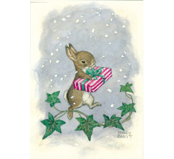 Postcard Rabbit Holding Present In Falling Snow, With Ivy  (Molly Brett) 272