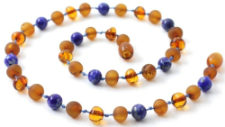 amber necklace cognac with Lapis Lazulli