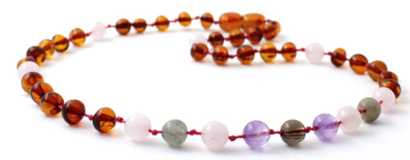 Amber necklace cognac with Labradorite, Quartz and Amethyst