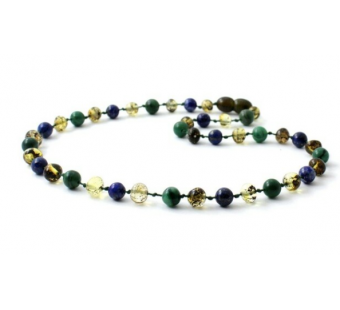 Green Amber Polished Teething Necklace Mixed With Lapis Lazuli and African Jade