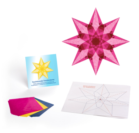 Fensterstern setje om sterren te maken  geel, magenta en blauw vanaf 10 jaar