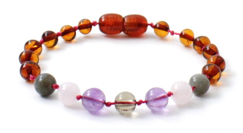 Amber bracelet cognac with Labradorite, Quartz and Amethyst