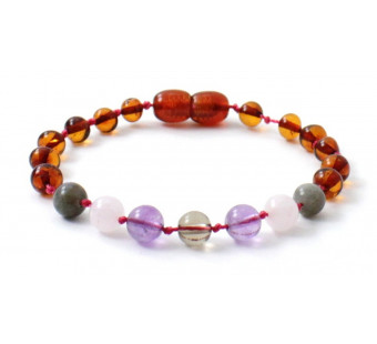 Barnsteen armband gepolijste cognac kleurig met labradoriet, amethist en kwarts Barnsteen armband gepolijste cognac kleurig met labradoriet, amethist en kwarts