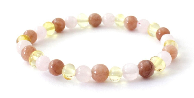 Amber Lemon Genuine Stretch Bracelet Mixed With Sunstone and Quartz