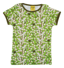 Duns katoenen shortsleeve met wilgenkatjes groen