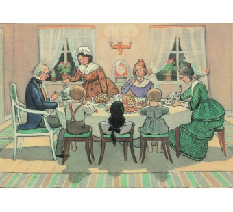 Postkaart op de thee bij de tantes (Elsa Beskow)