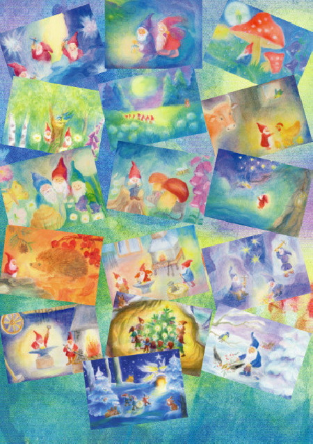 Set of 16 cards with dwarfs made by Dorothea Schmidt