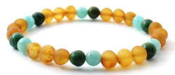 Raw Honey Amber Adult Stretch Bracelet Mixed With Amazonite and Jade Gemstone
