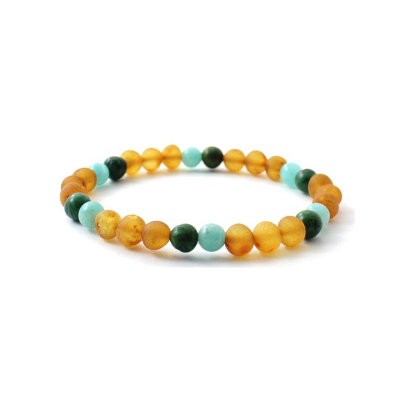 Raw Honey Amber Adult Stretch Bracelet Mixed With Amazonite and Jade Gemstone