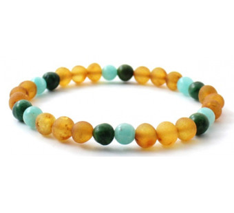 Raw Honey Amber Adult Stretch Bracelet Mixed With Amazonite and Jade Gemstone