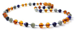 Barnsteen ketting cognac kleurig met labradoriet en lapis lazuli