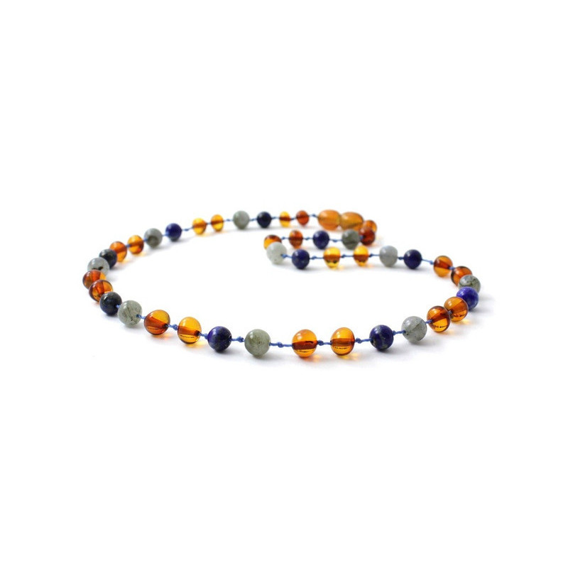Amber Authentic Cognac Necklace Mixed With Labradorite and Blue Lapis Lazuli