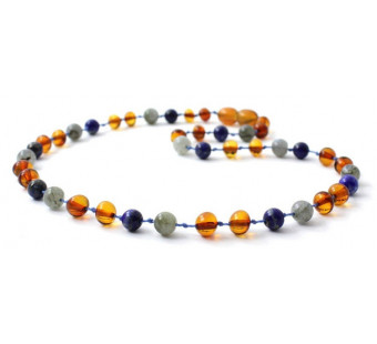 Amber Authentic Cognac Necklace Mixed With Labradorite and Blue Lapis Lazuli