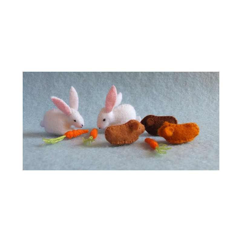 Drie Cavia's en twee konijnen met worteltjes (Atelier Pippilotta)