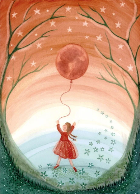 Postal card Girl with Moon Balloon - Bijdehansje