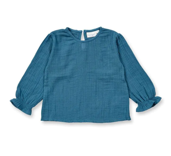 Sense Organics katoenen muslin longsleeve met roezels blauw