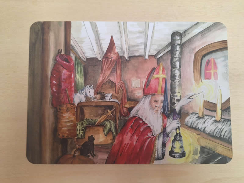 Het sterrenpaardje grote prentenkaart  Sinterklaas steekt de adventskaarsen aan