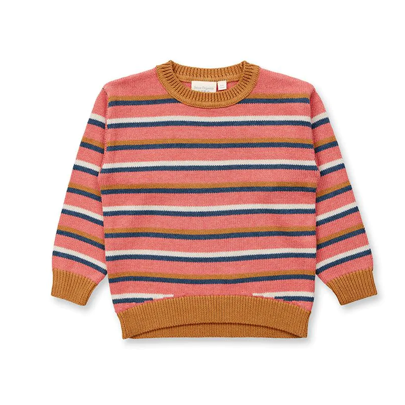 Sense Organics knitted sweater pink blue camel striped