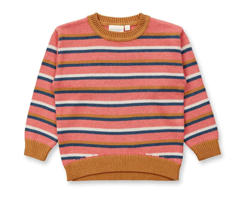 Sense Organics knitted sweater pink blue camel striped