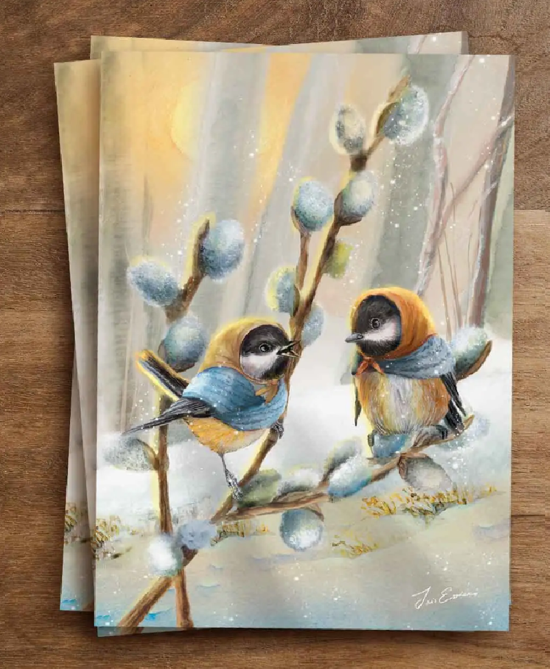 Iris Esther postal card chickadees chat