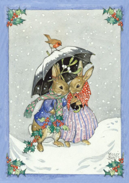 postkaart  Two Rabbits shelter from the Snow  (Molly Brett) 366