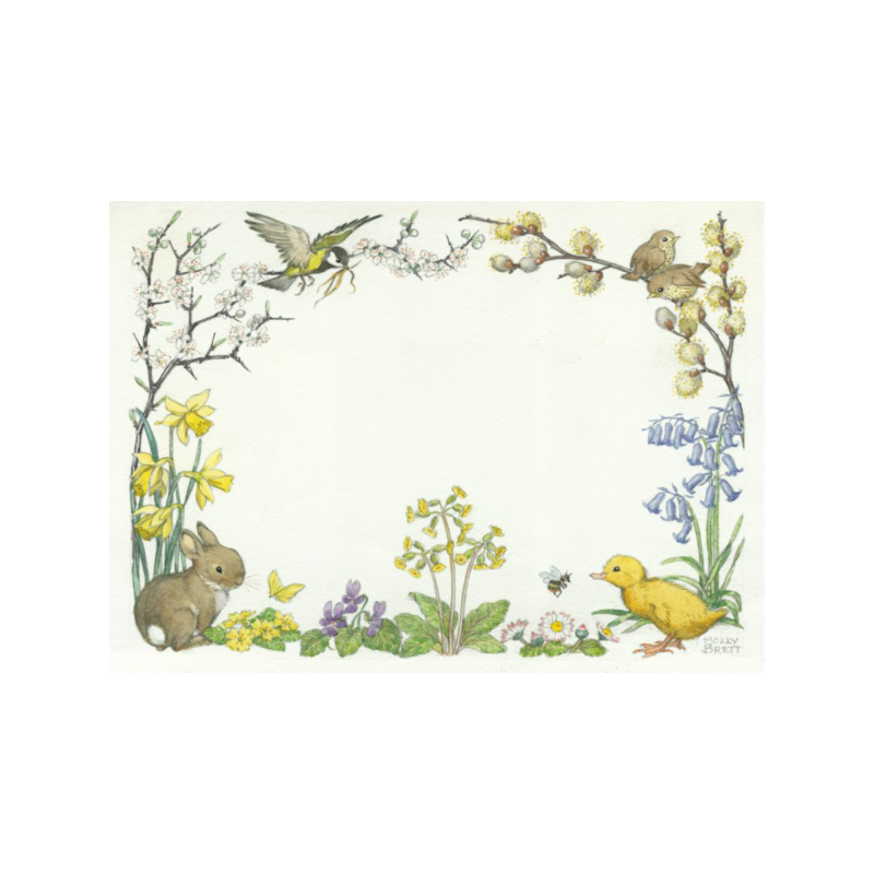 Postkaart Border design with rabbits duckling and birds (Molly Brett) 223