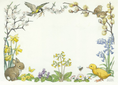 Postkaart Border design with rabbits duckling and birds (Molly Brett) 223