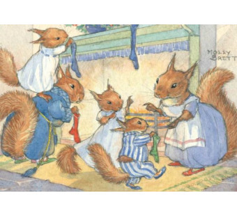 Postcard A family of red squirrels hang up their Christmas stockings (Molly Brett)  193