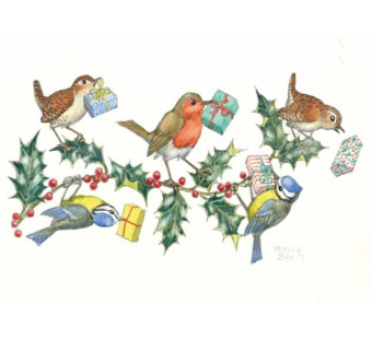 Postal card Wrens, blue tits and robin holding presents on holly sprig (Molly Brett) 258