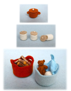 Atelier Pippilotta poppenhuis mandje, beer, voorraadpotten en pan