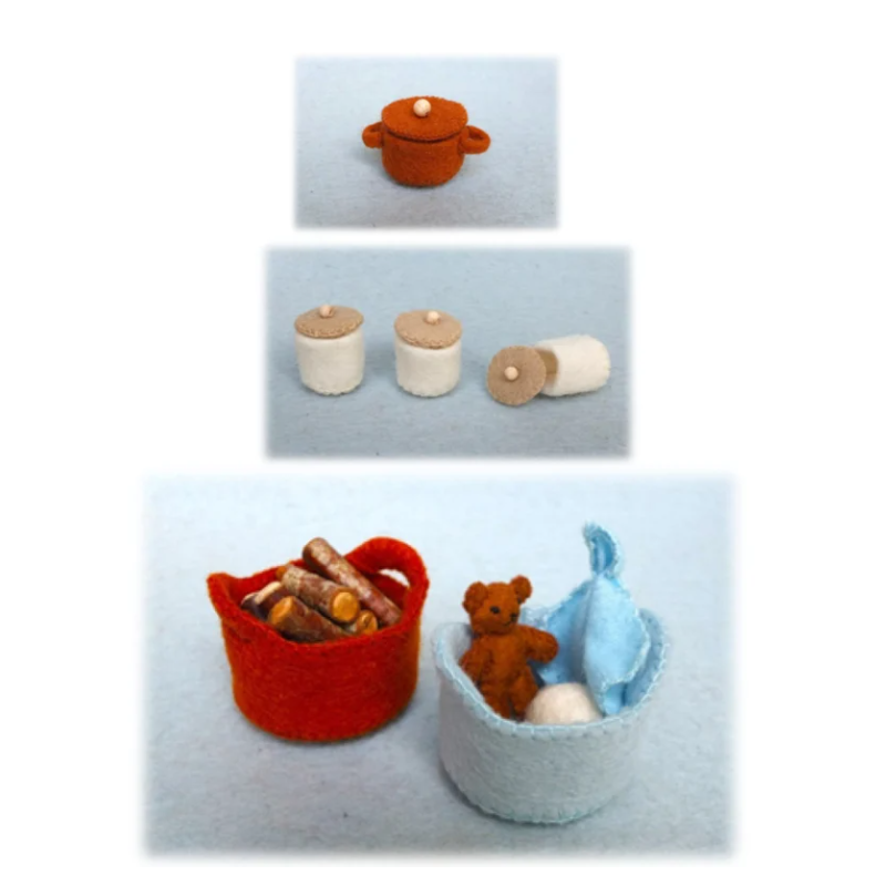Atelier Pippilotta poppenhuis mandje, beer, voorraadpotten en pan