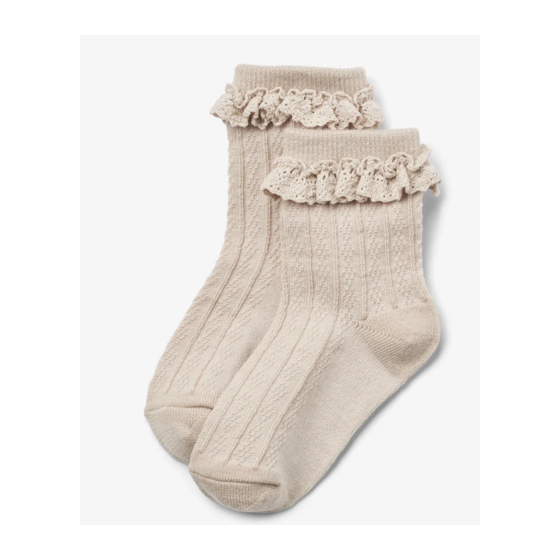 Wheat wollen sokken  met kant gebroken wit
