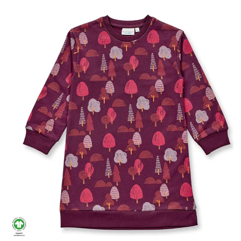 Sense Organics katoenen  sweaterstof jurk plum met boompjes JOLA